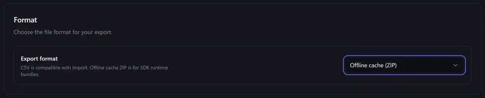 Admin export screen with Offline cache ZIP selected for SDK runtime bundles.
